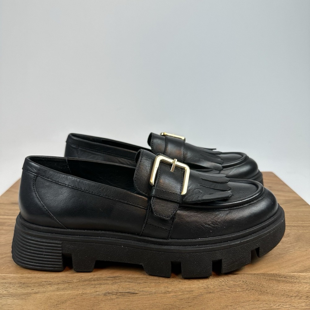 New Womens Geox Vilde Black Leather Buckle Fringe Platform Loafers Size EU 38.5